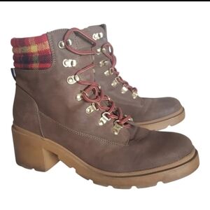Tommy Hilfiger sz 10 Brown red plaid Lace Up Bootie chunky block heel